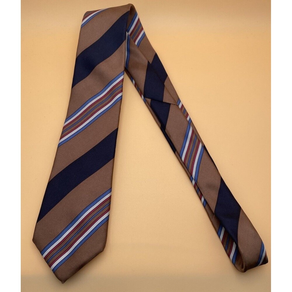 Vintage Lanvin Paris 100% Silk Striped Necktie Imported Italy Fabric Brown Blue